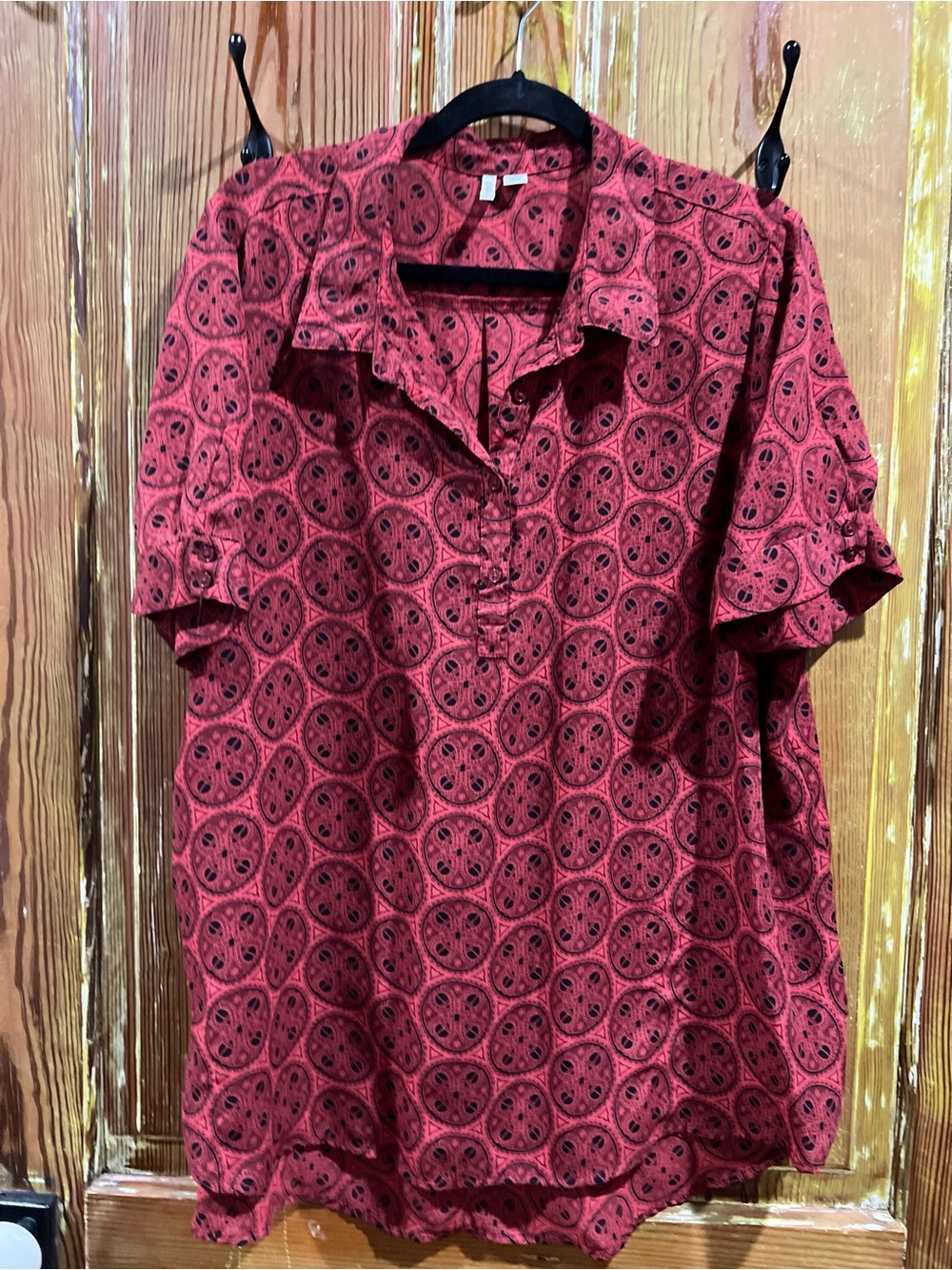 Cato Red Short-Sleeve Blouse with Black Circular Pattern